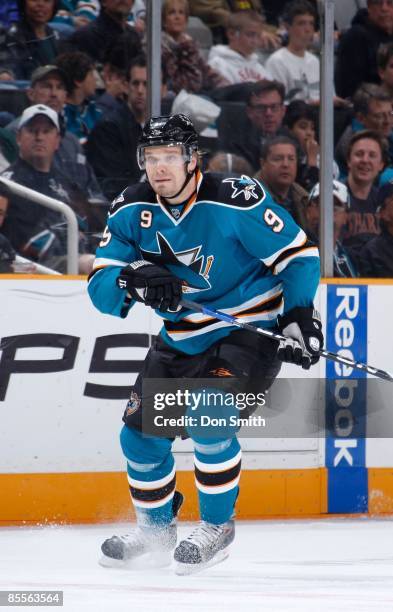 Milan Michalek of the San Jose Sharks watches the action during an NHL game against the Dallas Stars on March 21, 2009 at HP Pavilion at San Jose in...