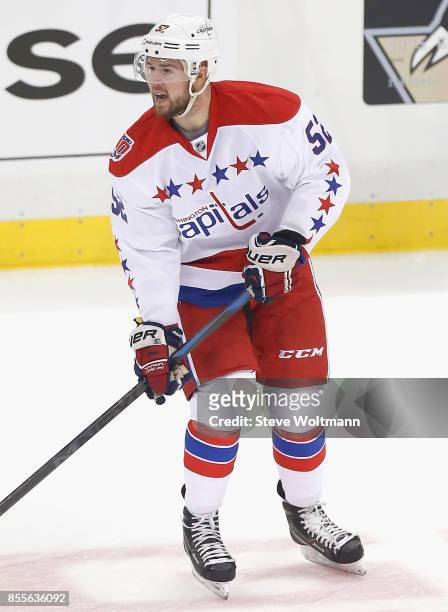 Mike Green of the Washington Capitals plays in a game against the Pittsburgh Penguins at the Consol Energy Center on December 27, 2014 in Pittsburgh,...