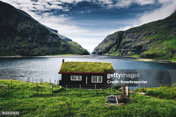 byn vid saksun med gräs på taket - faroe islands bildbanksfoton och bilder