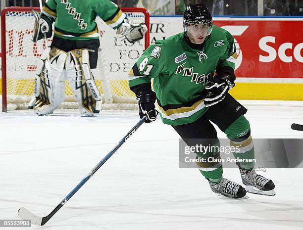 John Tavares of the London Knights skates in game one of the opening round of the 2009 play-offs against the Erie Otters on March 20, 2009 at the...