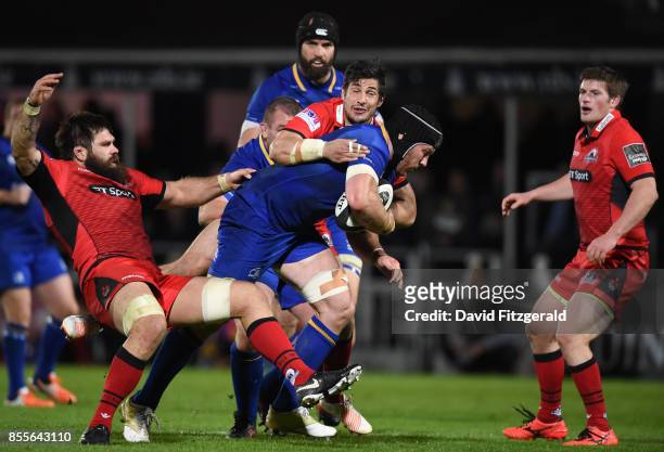 Dublin , Ireland - 29 September 2017; Sean O'Brien of Leinster is tackled by Cornell du Preez, left, and Phil Burleigh of Edinburgh during the...