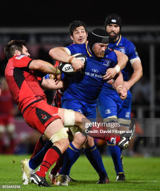 Dublin , Ireland - 29 September 2017; Sean O'Brien of Leinster is tackled by Cornell du Preez, left, and Phil Burleigh of Edinburgh during the...