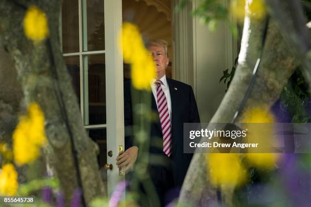 President Donald Trump exits the Oval Office on his way to Marine One on the South Lawn of the White House, September 29, 2017 in Washington, DC....