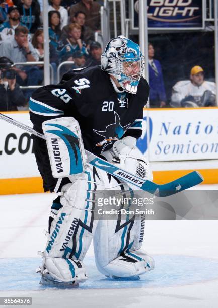 Evgeni Nabokov of the San Jose Sharks watches the puck during an NHL game against the Nashville Predators on March 19, 2009 at HP Pavilion at San...