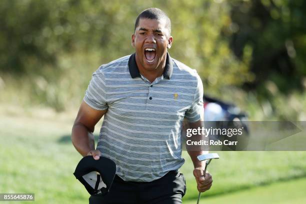 Jhonattan Vegas of Venezuela and the International Team reacts on the 13th green during Friday four-ball matches of the Presidents Cup at Liberty...