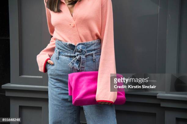 Fashion journalist and co founder of www.and-finally.co.uk Anna Rosa Vitiello wears Current Elliot jeans, Stine Goya jumper, Max V. Koenig bag on day...