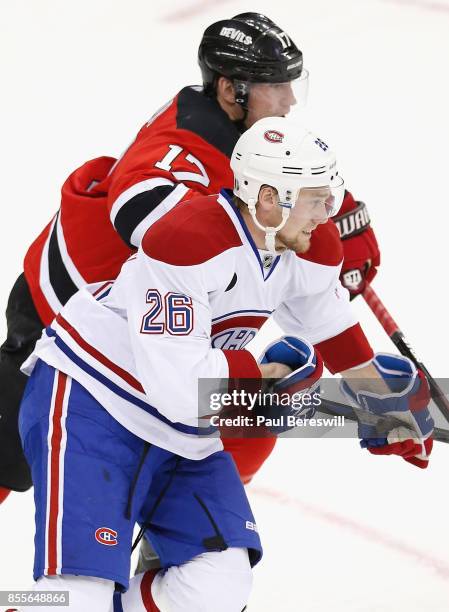 Jiri Sekac of the Montreal Canadiens plays in a game against Michael Ryder of the New Jersey Devils at Prudential Center on January 2, 2015 in...