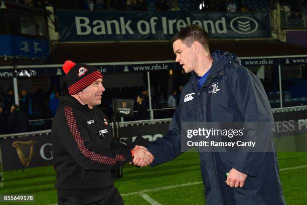 Dublin , Ireland - 29 September 2017; Leinster's Jonathan Sexton shakes hands with Edinburgh head coach Richard Cockerill following the Guinness...