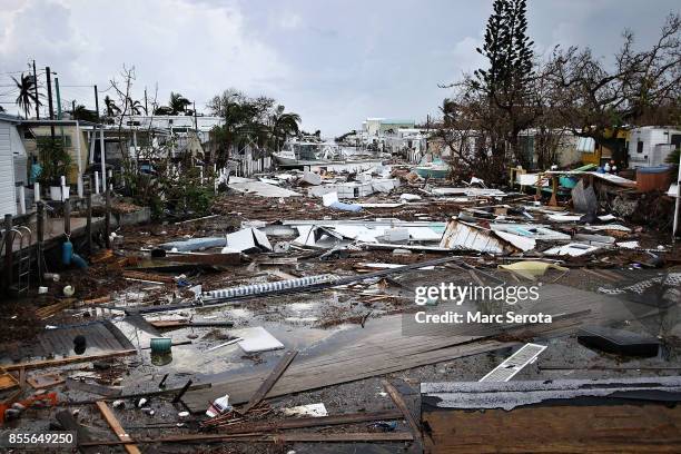 Canal in a trailer park is filled with debris and campers following powerful Hurricane Irma on September 12, 2017 in Marathon, Florida in the Florida...