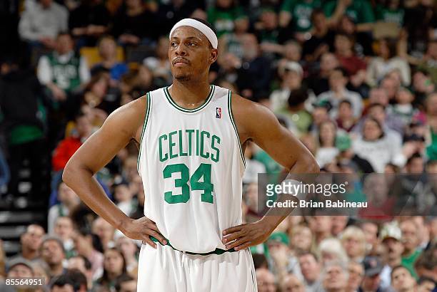 Paul Pierce of the Boston Celtics takes a break from the action during the game against the Indiana Pacers on February 27, 2009 at TD Banknorth...
