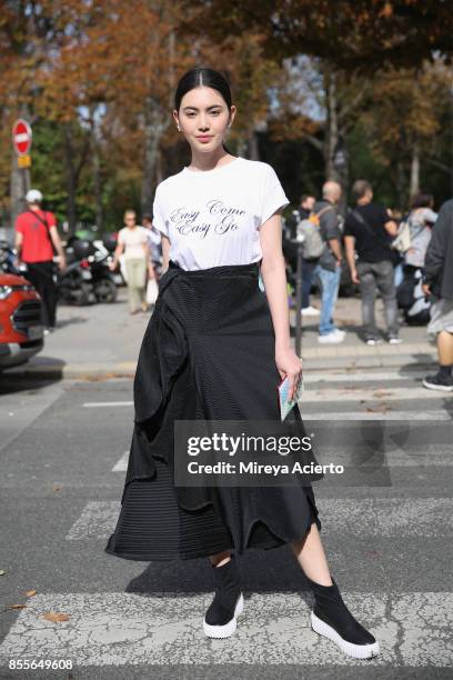 Actress, Davika Hoorne, attends the Issey Miyake show as part of the Paris Fashion Week Womenswear Spring/Summer 2018 on September 29, 2017 in Paris,...