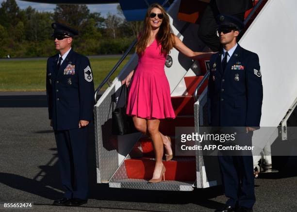 White House Communications Director Hope Hicks walks down the stairs after US President Donald Trump disembarked from Air Force Oner at Morristown...