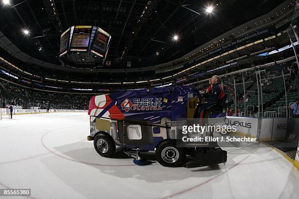 The Zamboni ice resurfacing machine heads out to the ice prior to the start of the game between the Florida Panthers and the Toronto Maple Leafs at...