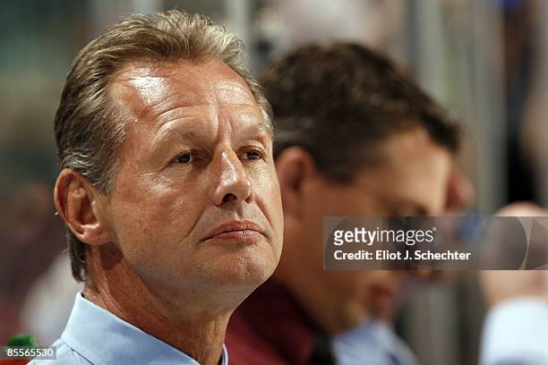 Assistant Coach Mike Kitchen of the Florida Panthers monitors warm ups prior tot he start of the game against the Toronto Maple Leafs at the Bank...
