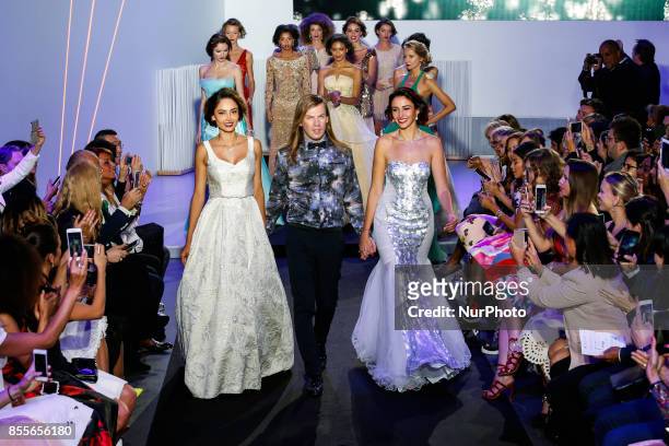Model Patricia Contreras, Christophe Guillarme and miss France 2012 Delphine Wespiser walk the runway during the Christophe Guillarme Show as part of...