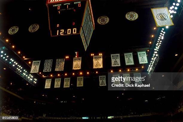 View of the Boston Celtics Championship Banners hanging from the rafters in 1981 at the Boston Garden in Boston, Massachusetts. NOTE TO USER: User...