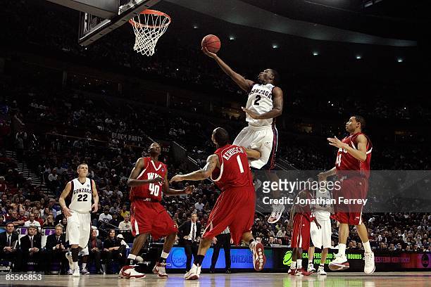 Jeremy Pargo of the Gonzaga Bulldogs goes up for a shot over Sergio Kerusch of the Western Kentucky Hilltoppers in the second half during the second...