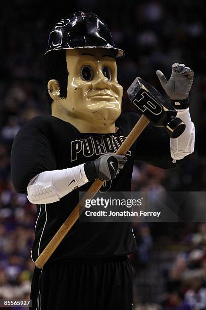 The Purdue Boilermakers mascot performs on the court during a break in the action while taking on the Washington Huskies during the second round of...