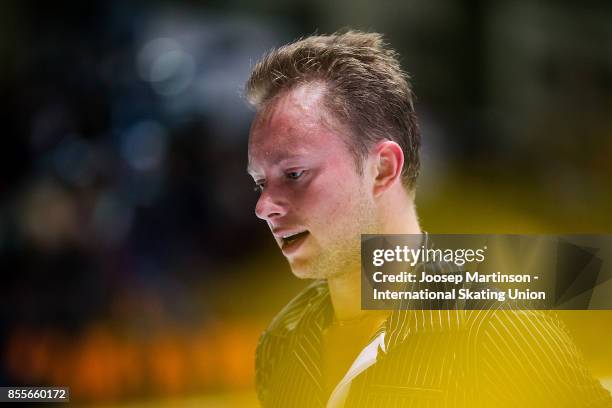 Alexander Majorov of Sweden looks on in the Men's Free Skating during the Nebelhorn Trophy 2017 at Eissportzentrum on September 29, 2017 in...