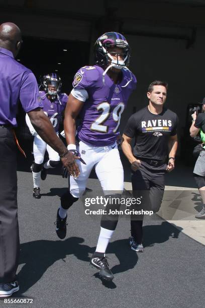 Marlon Humphrey of the Baltimore Ravens takes the field for the game against the Cincinnati Bengals at Paul Brown Stadium on September 10, 2017 in...