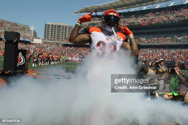 Jeremy Hill of the Cincinnati Bengals takes the field for the game against the Baltimore Ravens at Paul Brown Stadium on September 10, 2017 in...