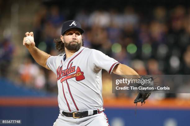 Pitcher R.A. Dickey of the Atlanta Braves pitching during the Atlanta Braves Vs New York Mets MLB regular season game at Citi Field, Flushing,...