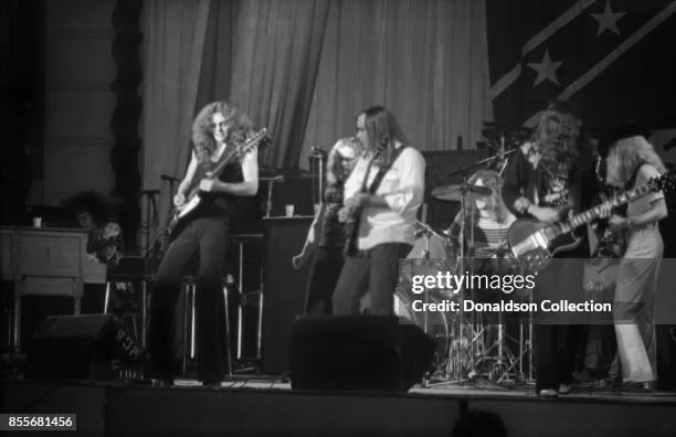 Southern rock group Lynyrd Skynyrd perform at the Dome on November 28, 1974 in Brighton, England.