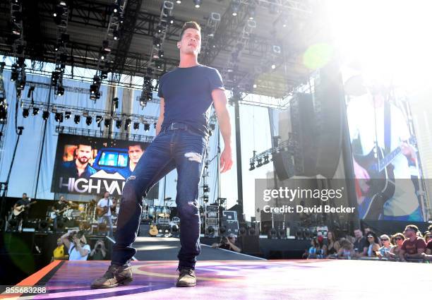 Recording artist Brad Rempel of High Valley performs during the Route 91 Harvest country music festival at the Las Vegas Village on September 29,...