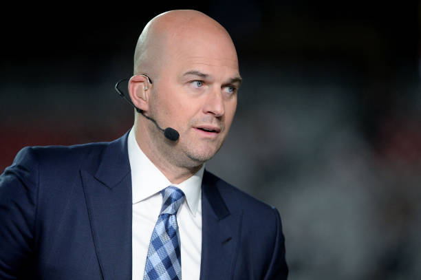 Analysts Matt Hasselbeck on set during the MNF broadcast prior to the NFL game between the Dallas Cowboys and Arizona Cardinals at University of...