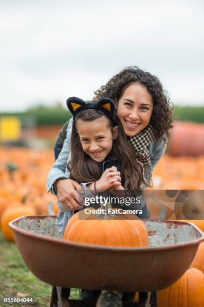 moeder en dochter op pompoen patch boerderij - asian mother and daughter pumpkin stockfoto's en -beelden