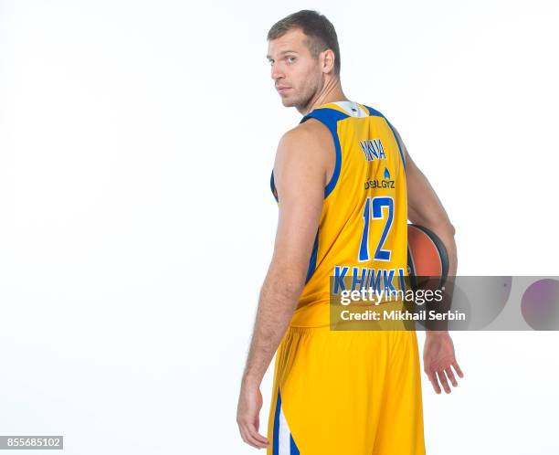 Sergey Monia, #12 poses during Khimki Moscow Region 2017/2018 Turkish Airlines EuroLeague Media Day at Mytischi Arena on September 29, 2017 in...