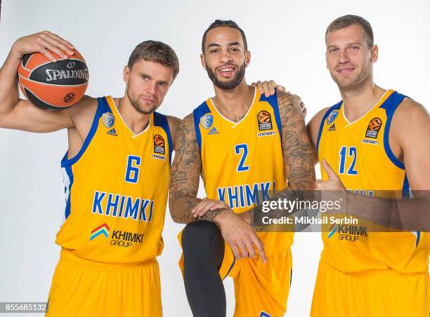 Egor Vyaltsev, #6; Tyler Honeycutt, #2 and Sergey Monia, #12 poses during Khimki Moscow Region 2017/2018 Turkish Airlines EuroLeague Media Day at...