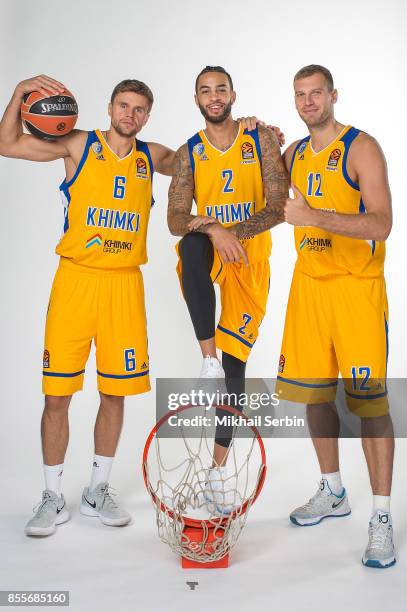 Egor Vyaltsev, #6; Tyler Honeycutt, #2 and Sergey Monia, #12 poses during Khimki Moscow Region 2017/2018 Turkish Airlines EuroLeague Media Day at...