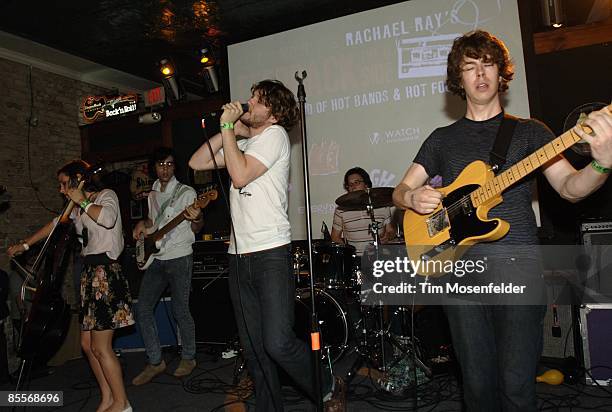 Alexandra Lawn, Mathieu Santos, Wes Miles, Gabriel Duquette, and Milo Bonacci of Ra Ra Riot perform at the Rose's Mojito & Rachael Ray's Feedback...