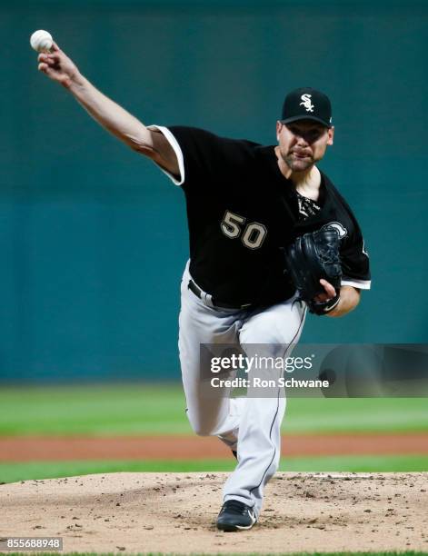 Mike Pelfrey of the Chicago White Sox pitches against the Cleveland Indians during the first inning at Progressive Field on September 29, 2017 in...