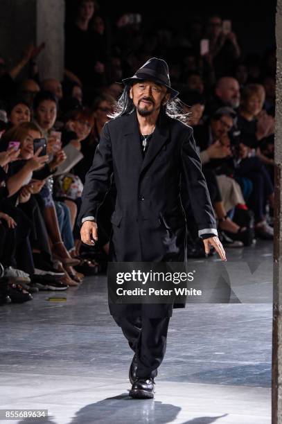 Yohji Yamamoto walks the runway at the end of his show as part of the Paris Fashion Week Womenswear Spring/Summer 2018 on September 29, 2017 in...