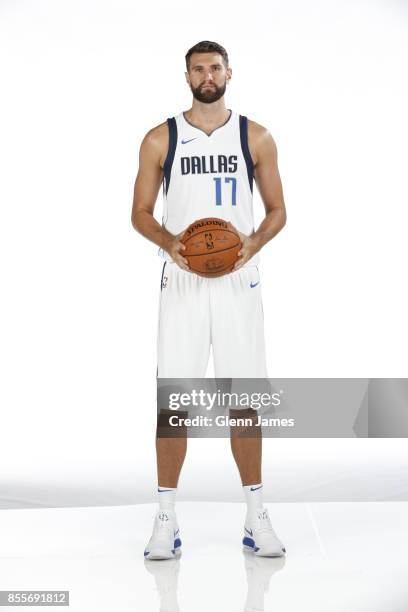 Jeff Withey of the Dallas Mavericks poses for a portrait during the Dallas Mavericks Media Day on September 25, 2017 at the American Airlines Center...