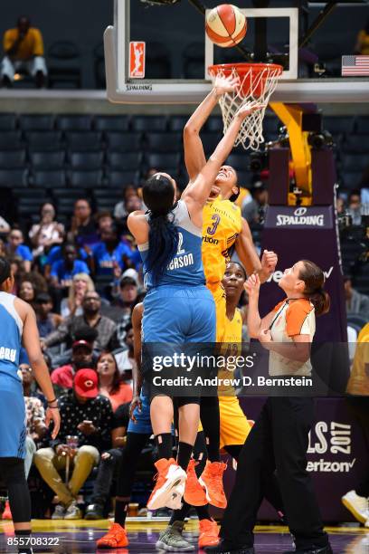 Plenette Pierson of the Minnesota Lynx goes for the jump ball against Candace Parker of the Los Angeles Sparks in Game Three of the 2017 WNBA Finals...