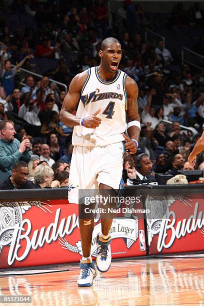 Antawn Jamison of the Washington Wizards celebrates after making a shot against the Chicago Bulls at the Verizon Center on March 23, 2009 in...