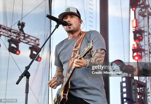 Recording artist Michael Ray performs during the Route 91 Harvest country music festival at the Las Vegas Village on September 29, 2017 in Las Vegas,...