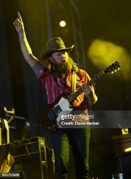 Recording artist John Osborne of Brothers Osborne performs during the Route 91 Harvest country music festival at the Las Vegas Village on September...