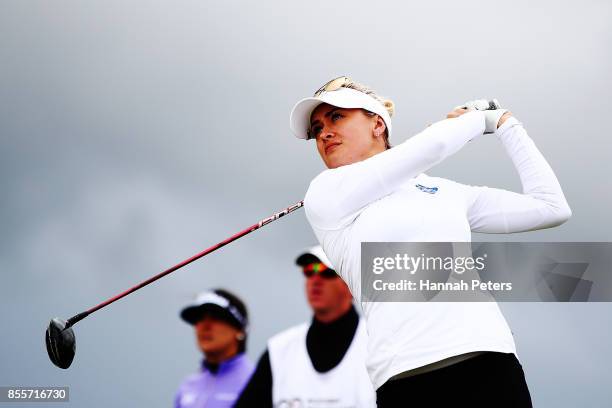 Amy Boulden of Wales tees off during day three of the New Zealand Women's Open at Windross Farm on September 30, 2017 in Auckland, New Zealand.