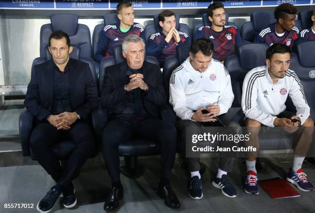 Sporting Director of Bayern Munich Hasan Salihamidzic, coach Carlo Ancelotti, assistant coach Willy Sagnol, assistant coach Davide Ancelotti during...