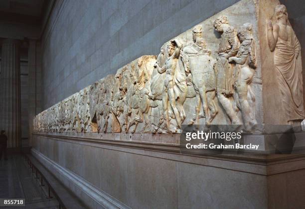 Frieze which forms part of the "Elgin Marbles", taken from the Parthenon in Athens, Greece almost two hundred years ago by the British aristocrat,...