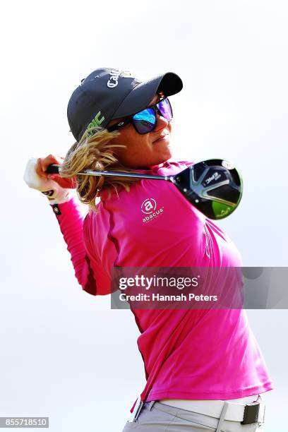 Madelene Sagstrom of Sweden tees off during day three of the New Zealand Women's Open at Windross Farm on September 30, 2017 in Auckland, New Zealand.