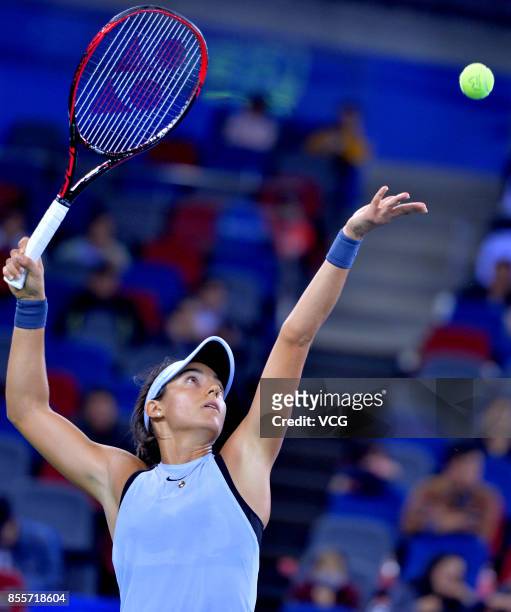 Caroline Garcia of France reacts against Maria Sakkari of Greece during the Women's singles semi final match on day 6 of 2017 Dongfeng Motor Wuhan...