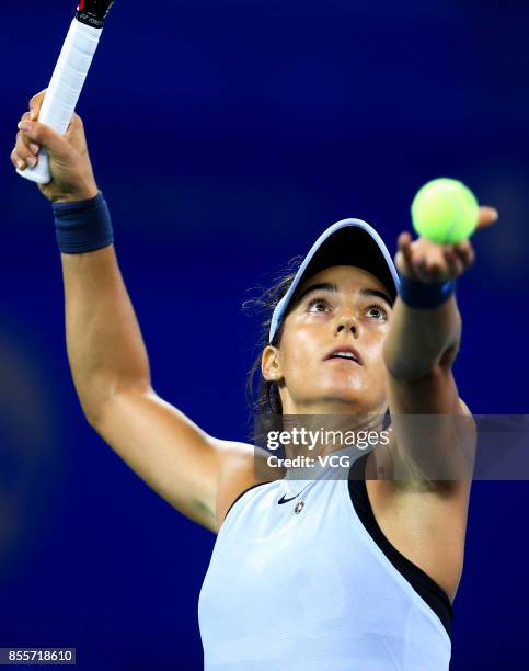 Caroline Garcia of France reacts against Maria Sakkari of Greece during the Women's singles semi final match on day 6 of 2017 Dongfeng Motor Wuhan...