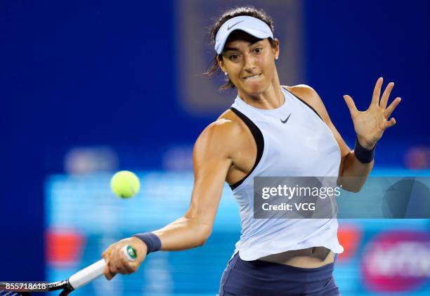 Caroline Garcia of France reacts against Maria Sakkari of Greece during the Women's singles semi final match on day 6 of 2017 Dongfeng Motor Wuhan...