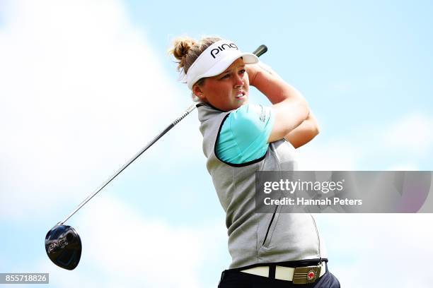 Brooke Henderson of Canada tees off during day three of the New Zealand Women's Open at Windross Farm on September 30, 2017 in Auckland, New Zealand.