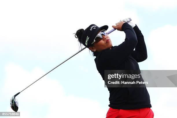 Thidapa Suwannapura of Thailand tees off during day three of the New Zealand Women's Open at Windross Farm on September 30, 2017 in Auckland, New...